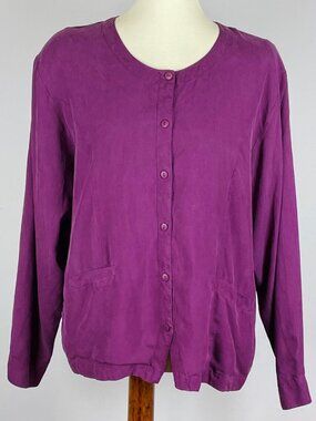 Vtg Stephanie Andrews 100% Silk Top Sz 1X Aubergine Purple Full Button Minimalis